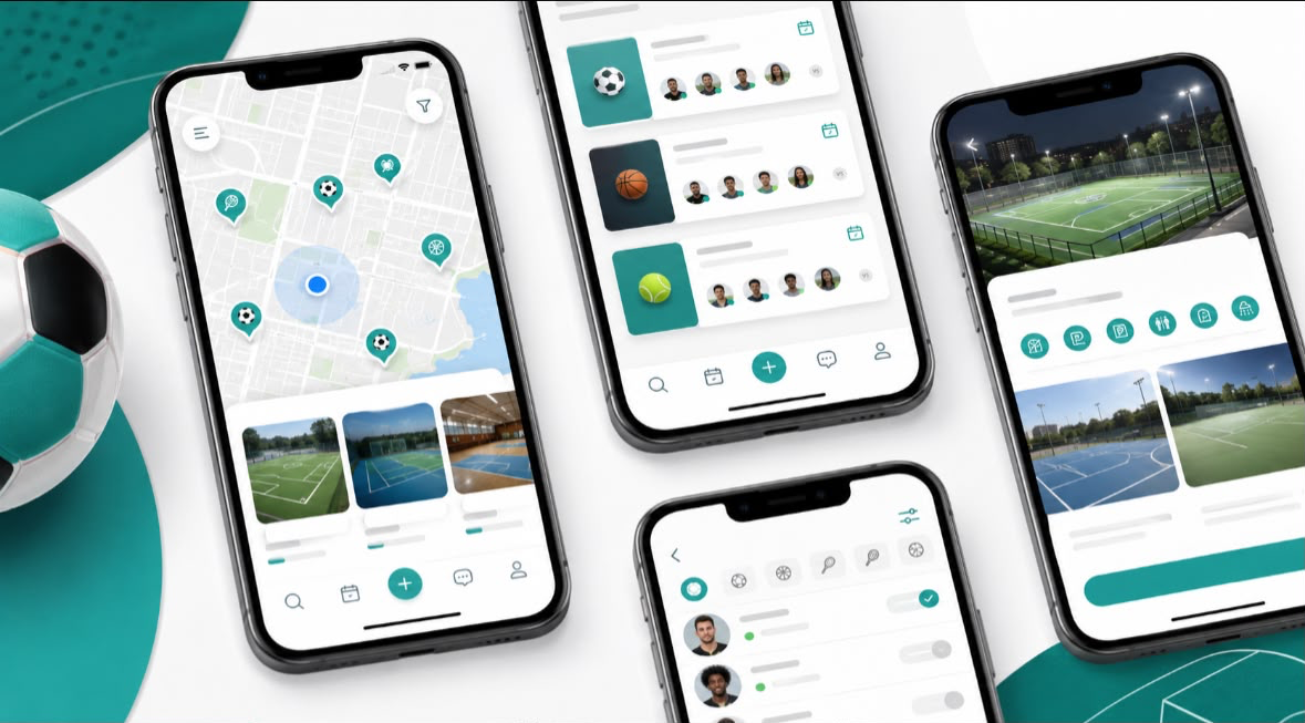 RIVULT app screens for discovering sports venues, activities, and players